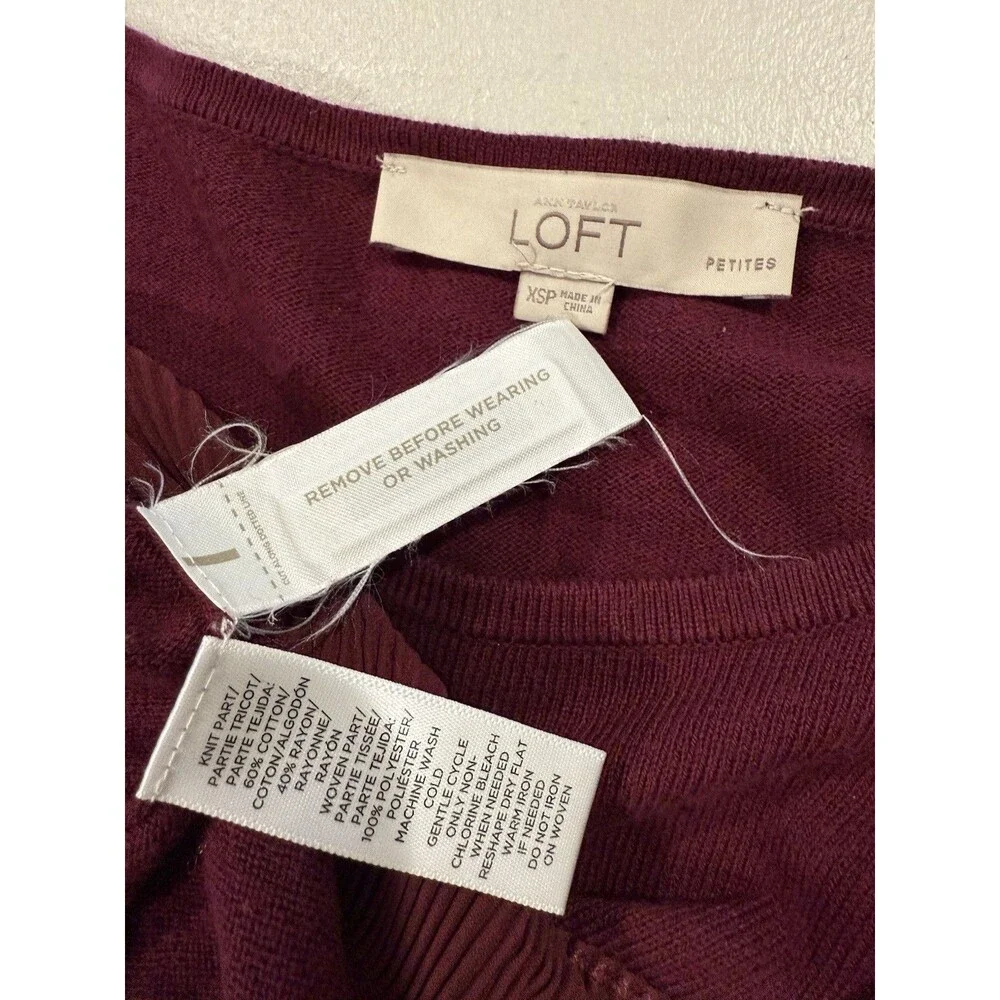 Loft Sweater Women XS Petite Maroon Stretch Romantic Work Preppy Travel Minimal
